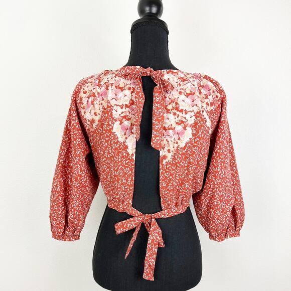 Coco + Jaimeson Crop Top Floral Puff Sleeve Tie Back Small - Picture 2 of 7
